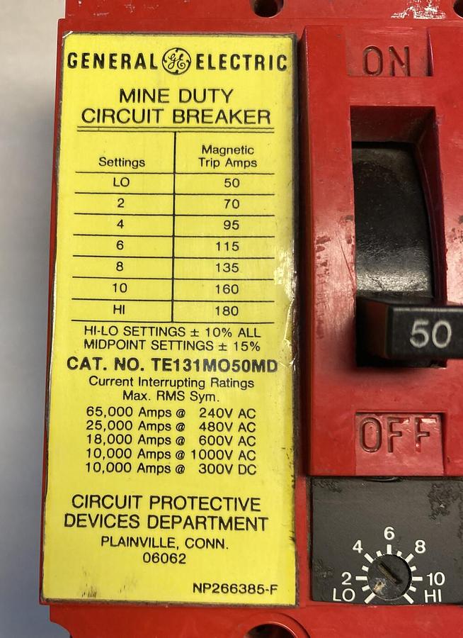 Used General Electric,TE131M050MD,Mine Duty Circuit Breaker 50AMP  3P