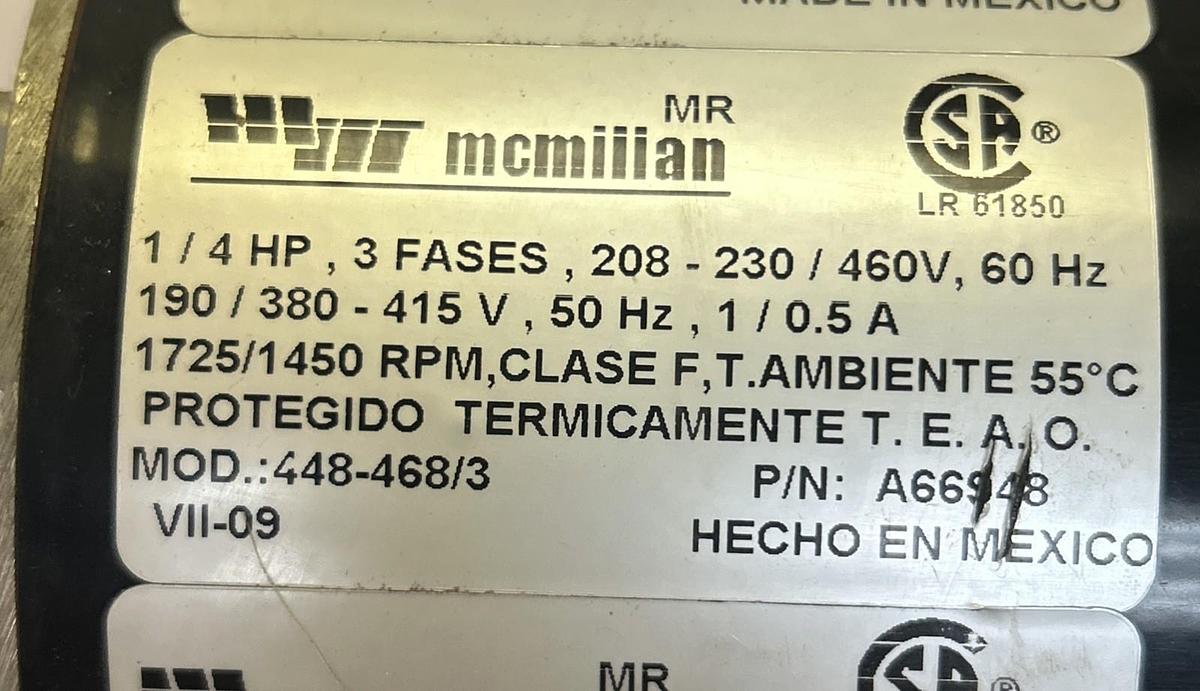 Used MCMILLAN,448-468/3,MOTOR 1/4HP 208-230/460V 1725RPM