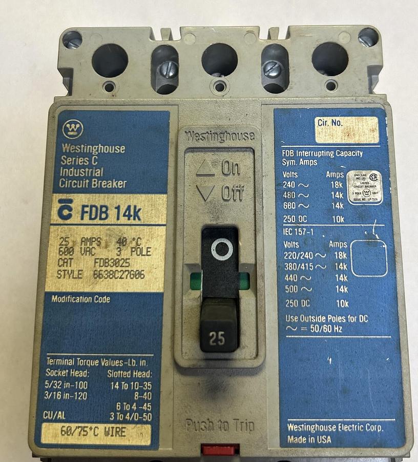 Used WESTINGHOUSE,FDB3025,CIRCUIT BREAKER 25A 600V 3P