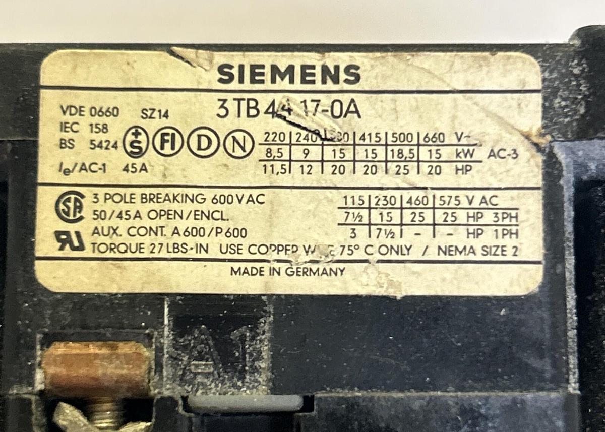 Used SIEMENS,3TB44-17-0A,CONTACTOR SIZE 2 45A 600V 3P
