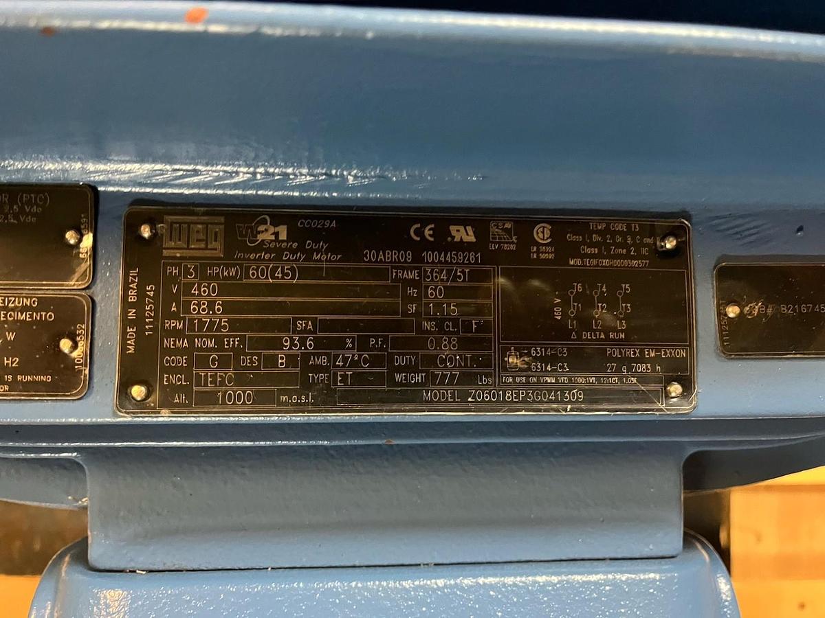 WEG,Z06018EP3G041309,SEVERE INVERTER DUTY W21 MOTOR 60HP 1775RPM 3PH 364T 365T