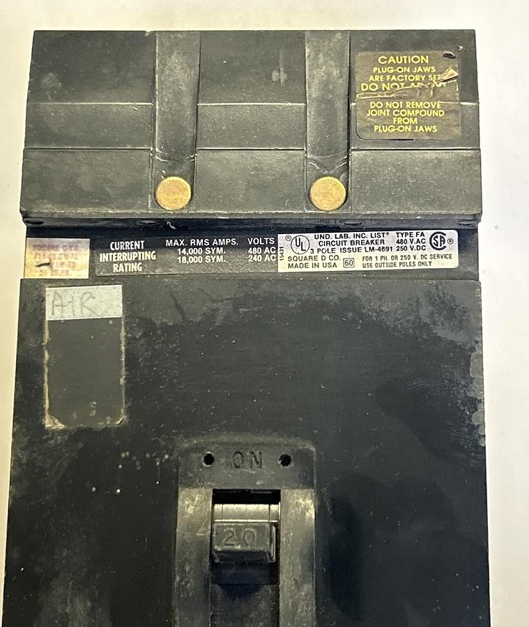 Used SQUARE D,FA34020,I-LINE CIRCUIT BREAKER 20A 480V 3P