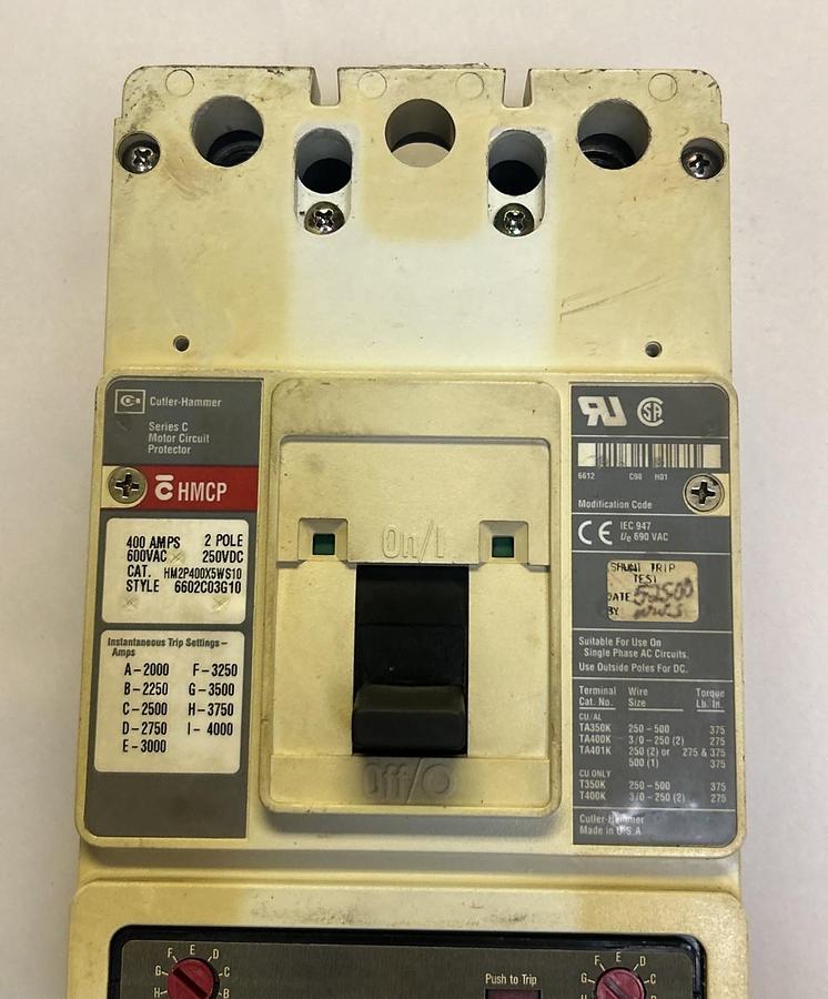 Used CUTLER-HAMMER,HM2P400X5WS10,CIRCUIT BREAKER 400A 600V 2P