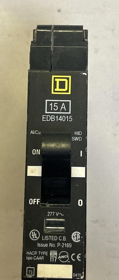 Used SQUARE D,EDB14015,CIRCUIT BREAKER 15A 277V 1P