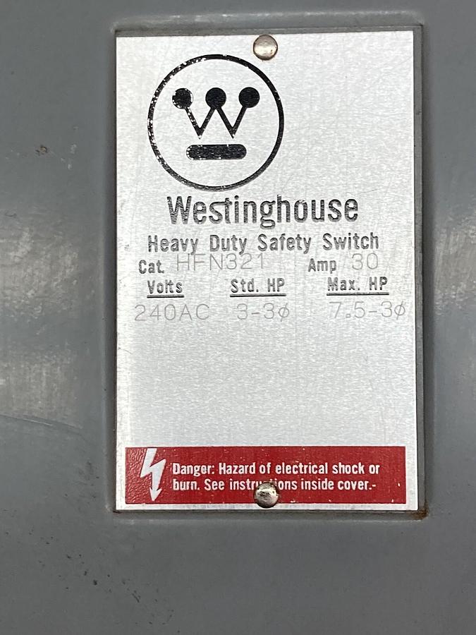 Used Westinghouse,HFN321,Indoor Disconnect Safety Switch 30 Amp 240AC Volts