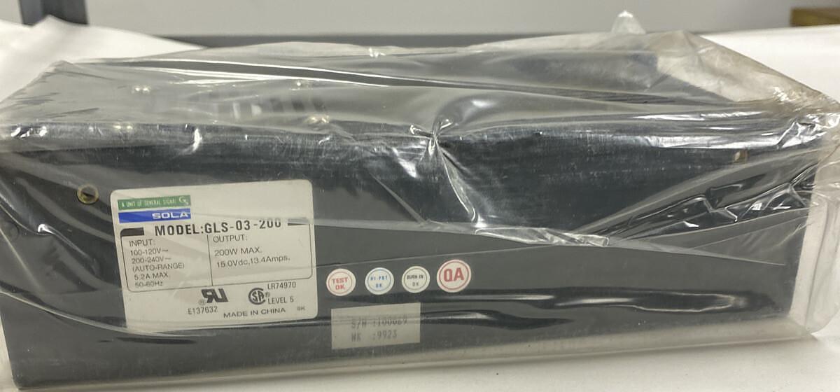 Sola,GLS-03-200,Power Supply Input 100-240V 5.2A Output 200W 15.0 VDC 13.4A NOS