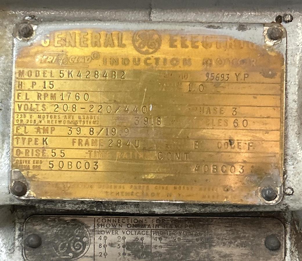 Used GE,5K4284B2,MOTOR 15HP 1760RPM 460V 3PH 284U FRAME