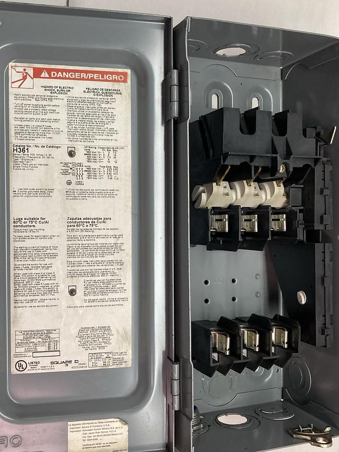 Used Square D,H361,Heavy Duty Safety Switch 30A 600Vac 50/60Hz