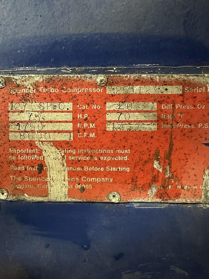 Used Spencer Turbo Compressor,Cat#1275SPEC,75 HP 1750 RPM 8600 CFM SN#251129
