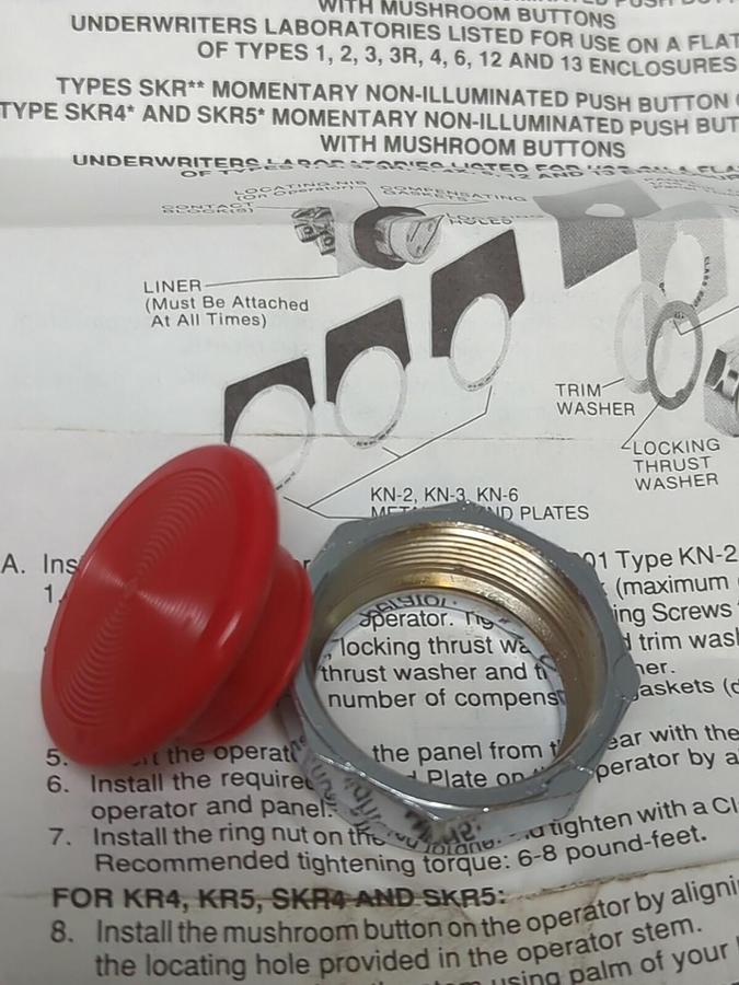 SQUARE D,K16R,CLASS 9001 SERIES H RED 1-3/8 INCH DIA. MUSHROOM BUTTON KIT NOS