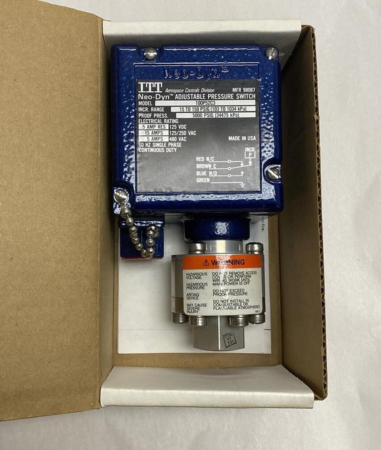 Used ITT Neo-Dyn,100P52C3,Adjustable Pressure Switch 5000 PSIG NOS