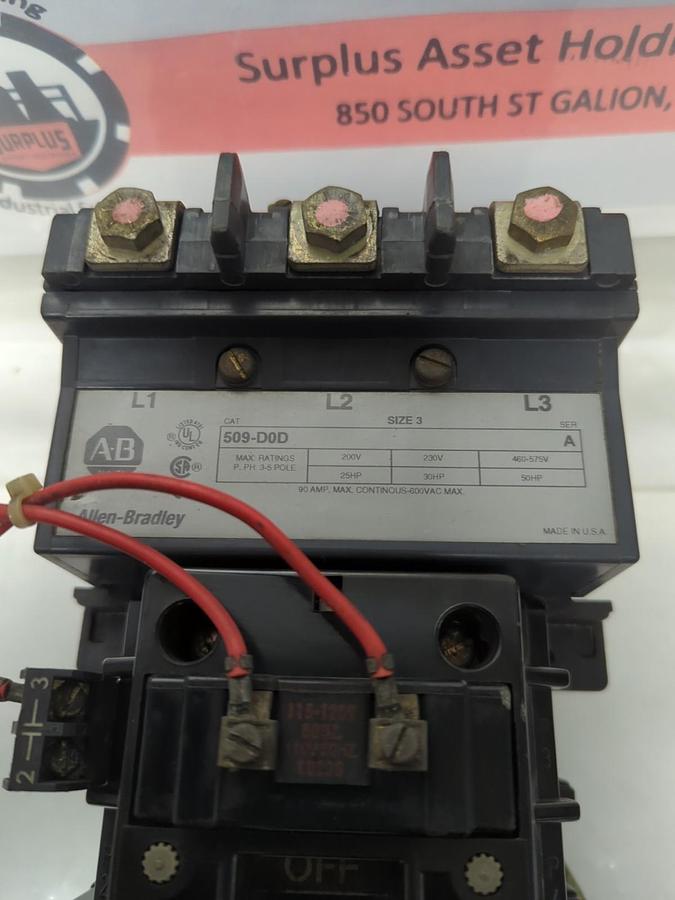 Used ALLEN BRADLEY,509-D0D,SIZE 3 SER A MOTER STATER PRE-OWNED