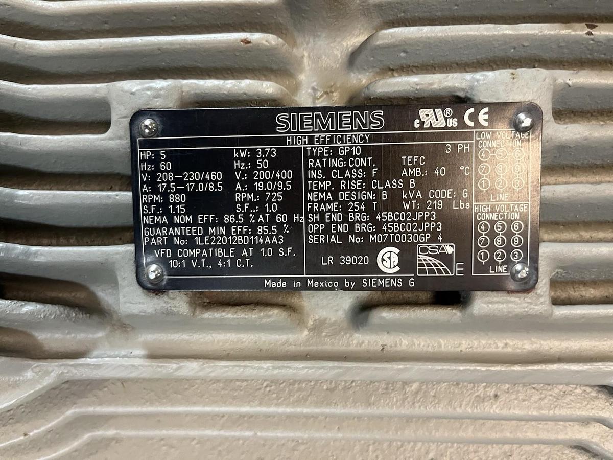 Used SIEMENS,1LE22012BD114AA3,GP10 MOTOR 5HP 880RPM 3PH 254T
