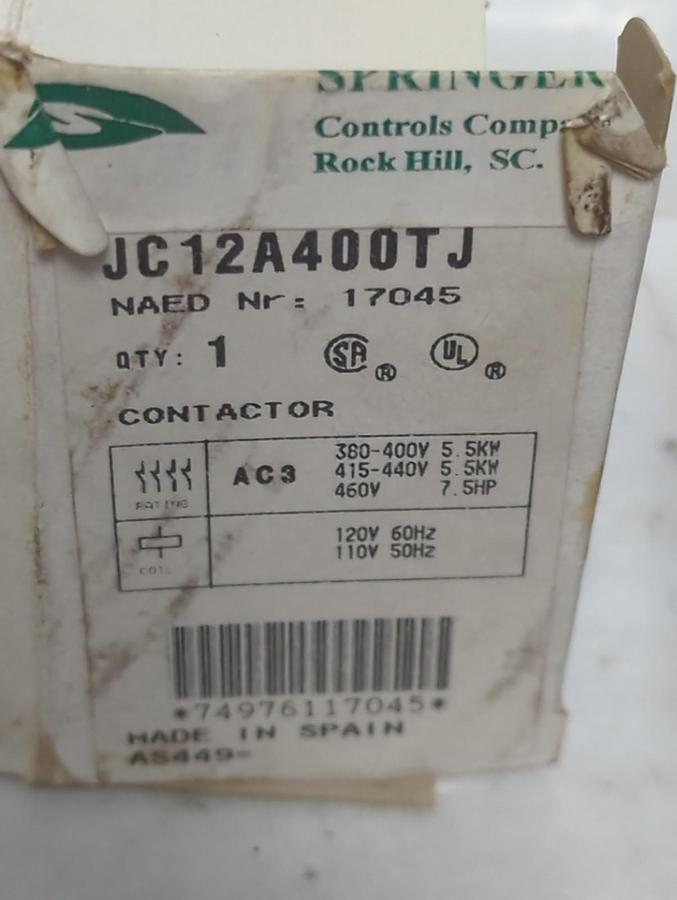 SPRINGER,JC12A4001TJ,CONTACTOR 600V 25A MAX NOS