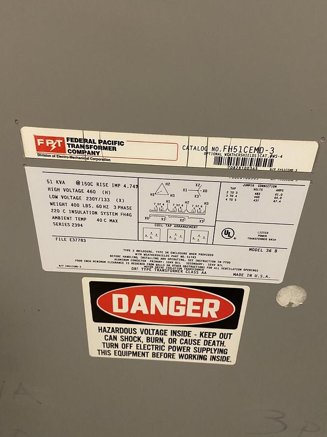 Federal Pacific,FH51CEMD-3,Transformer 51KVA HV 460V Low 230Y/133 3PH