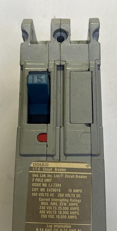 Used GOULD ITE,E42B015,CIRCUIT BREAKER 15A 480V 2P