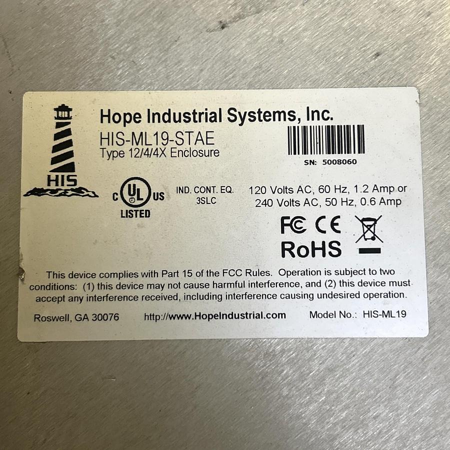 Used HOPE INDUSTRIAL SYSTEMS,HIS-ML19-STAE,TOUCH SCREEN OPERATING PANEL