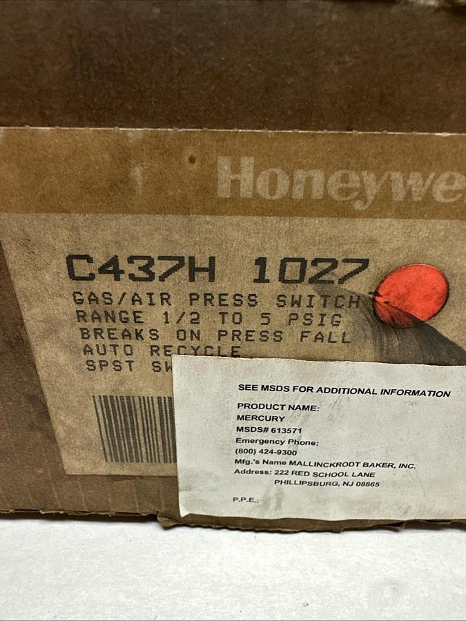 Used Honeywell,C437H 1027,Gas/Air Pressure Switch 1/2-5 PSIG