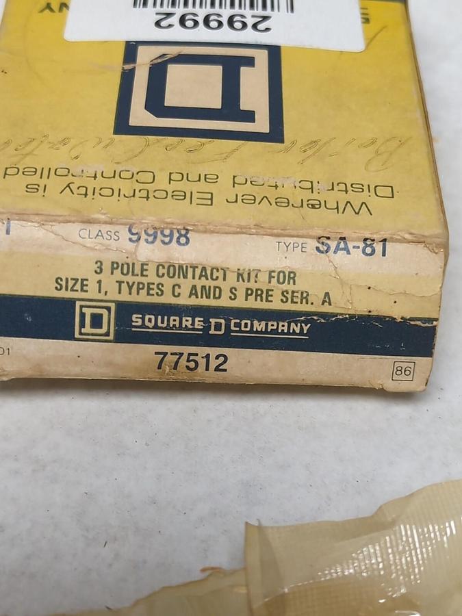 SQUARE D,SA-81,3-POLE CONTACT KIT FOR SIZE 1 TYPE C & S NOS