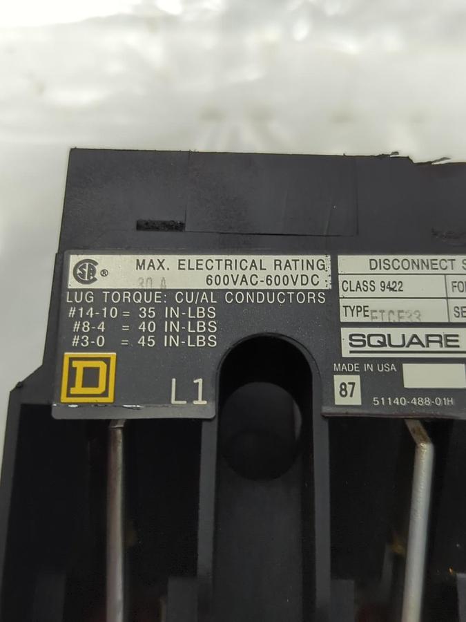 Used SQUARE D,9422 FTCF33,DISCONNECT 30 AMP 600VAC-600VDC NOS