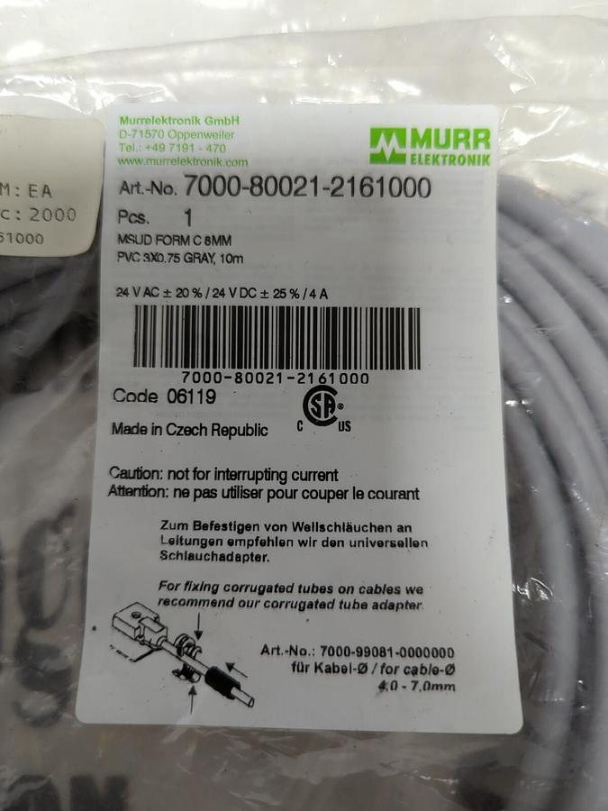Used MURR ELEKTRONIK,7000-80021-2161000 MSUD, FORM C 8MM PVC 3X0.75 10M