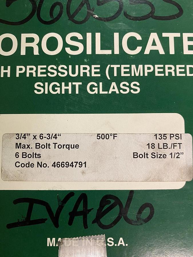 Used DIAMOND POWER,100286,3/4 X 6-3/4 BOROSILICATE HIGH PRESSURE SIGHT GLASS