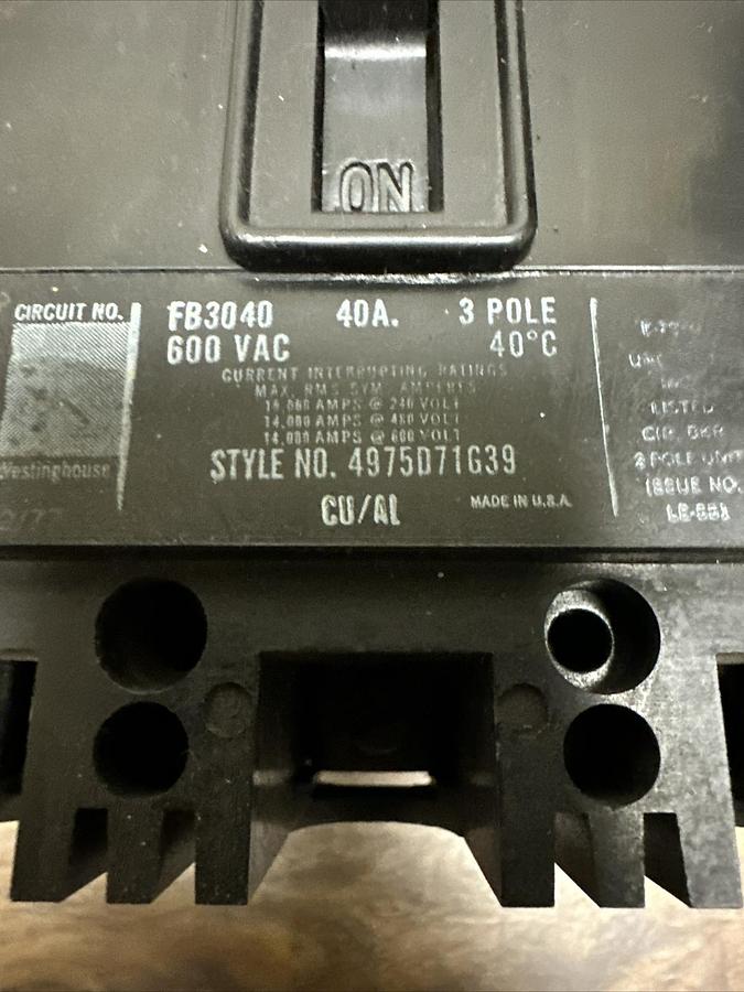 Used Westinghouse,FB3040,40 Amp 600VAC Breaker
