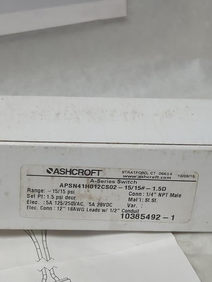 ASHCROFT,APSN41H012CS02-15/15#-1.5D,A SERIES PRESSURE SWITCH 1/4 INCH MALE NOS