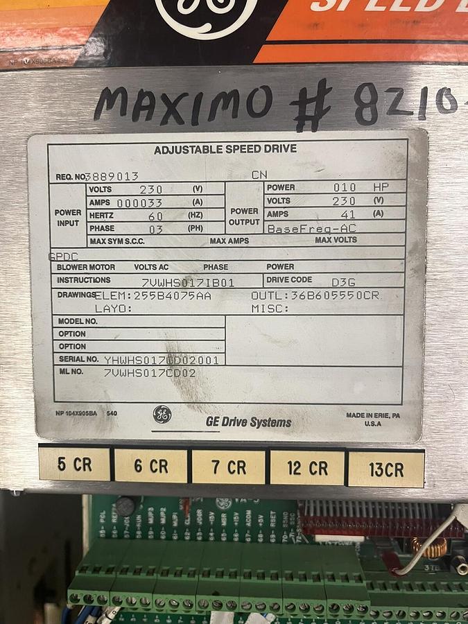 Used GE,7VWHS017CD02,ADJUSTABLE SPEED DRIVE VFD 230V 3PH 10HP 41A