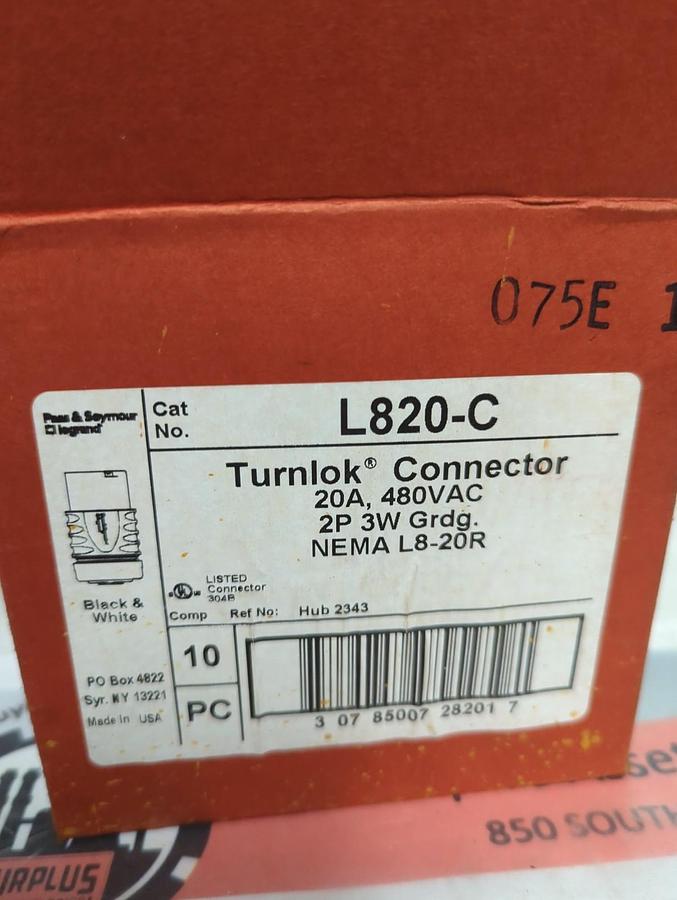 PASS & SEYMOUR,L820-C,TURNLOK CONNECTOR NEMA L8-20R 20A 480VAC LOT OF 10 NOS