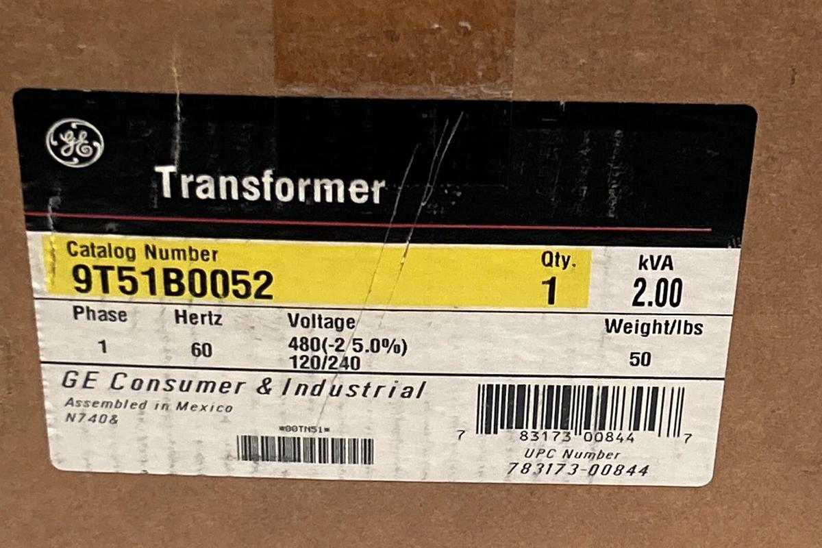 Used GENERAL ELECTRIC,9T51B0052,TRANSFORMER 2KVA PRI 480V SEC 120/240V 1PH