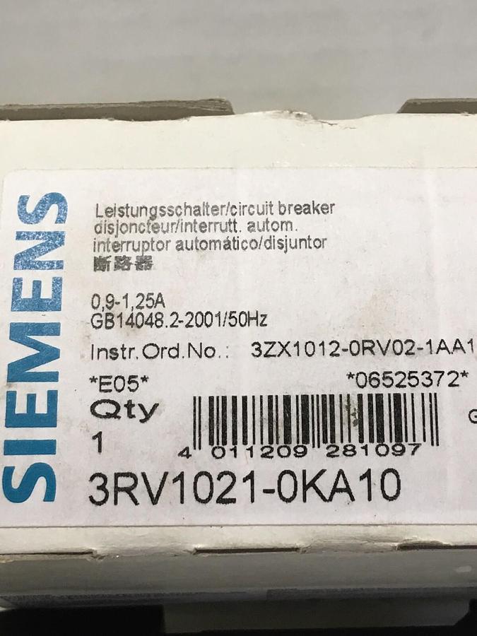 Siemens,3RV1021-0KA10,Motor Protector Circuit Breaker 0.9-1.25A