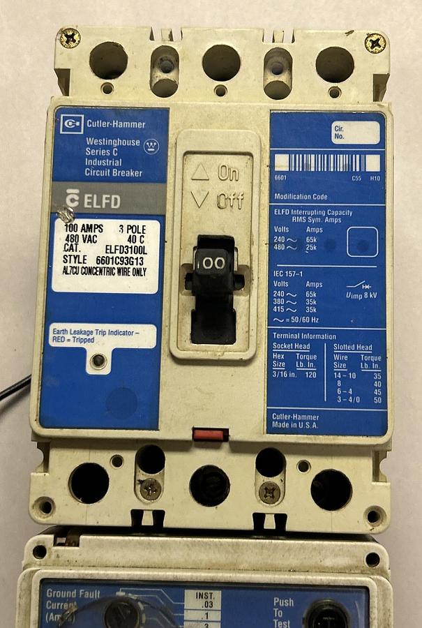 Used CUTLER HAMMER,ELFD3100L,CIRCUIT BREAKER 100A 480V 3P