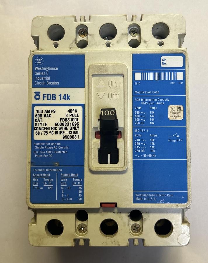 Used WESTINGHOUSE,FDB3100L,CIRCUIT BREAKER 100A 600V 3P