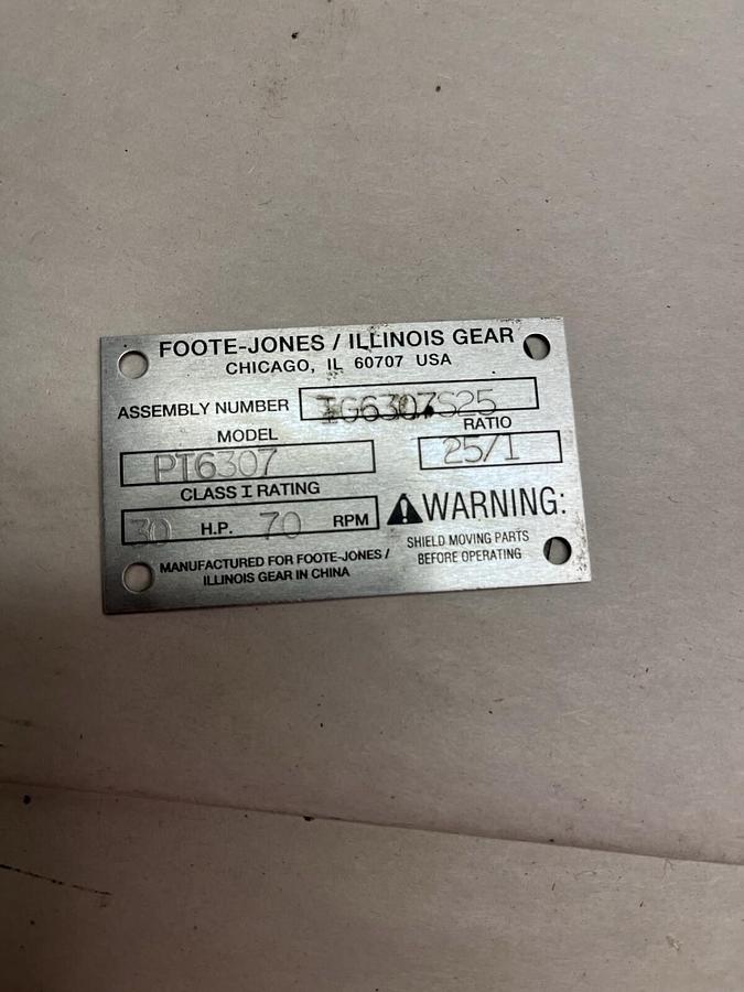 Used FOOTE JONES,PT6307,GEAR REDUCER RATIO 25:1 30HP 70 RPM