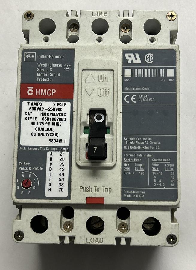 Used CUTLER HAMMER,HMCP007C0C,CIRCUIT BREAKER 7A 600V 3P LOT OF 2