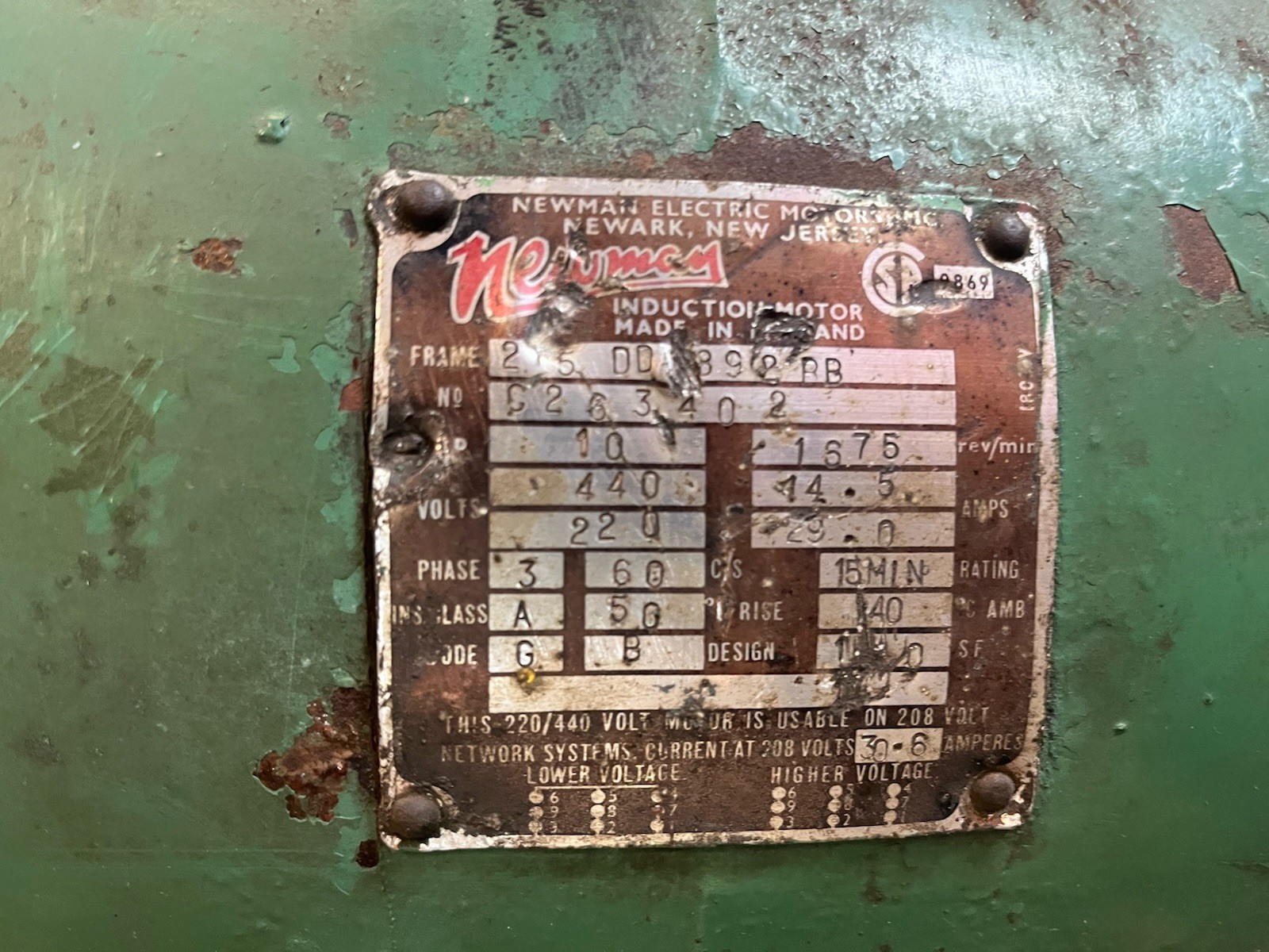 Used NEWMAN,215-DD-89-2-BB,INDUCTIION MOTOR 10HP 1675RPM 440V 3PH