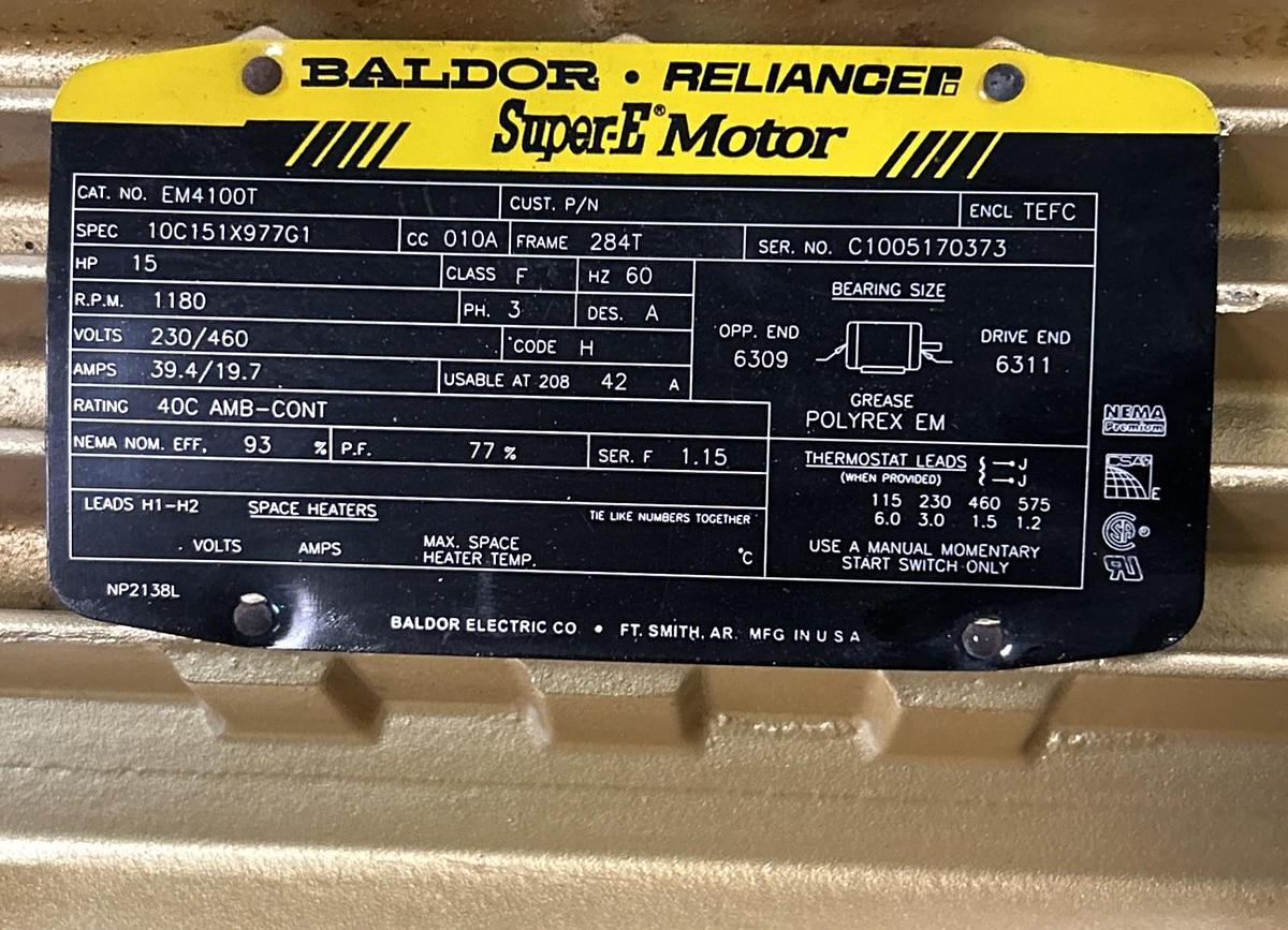 Used BALDOR,EM4100T,SUPER-E MOTOR 15HP 1180RPM 230/460V 3PH 284T FRAME