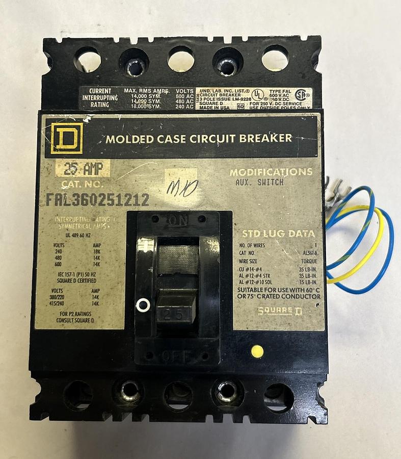 Used SQUARE D,FAL360251212,CIRCUIT BREAKER 25A 600V 3P