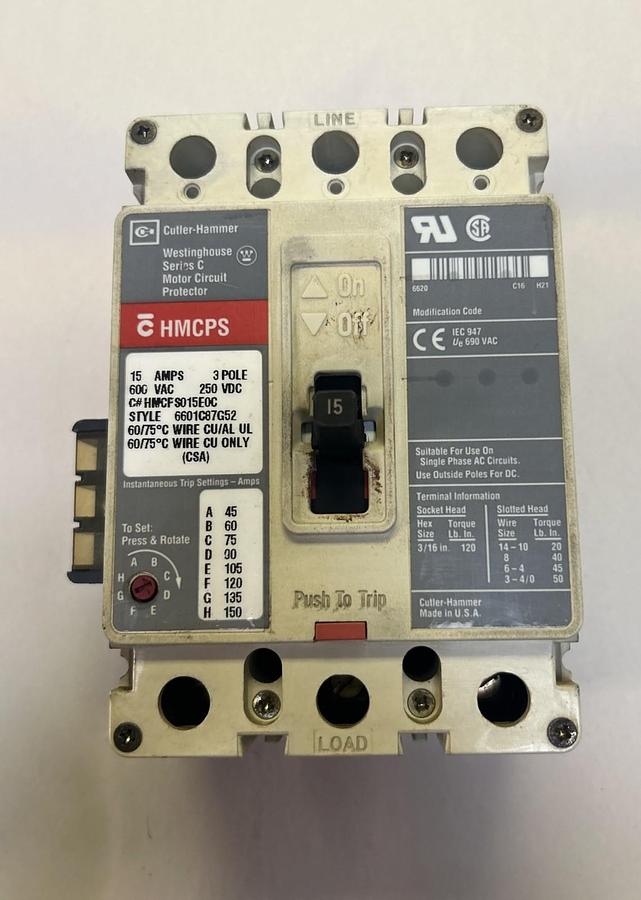 Used CUTLER-HAMMER,HMCPS015E0C,CIRCUIT BREAKER 15A 600V 3P