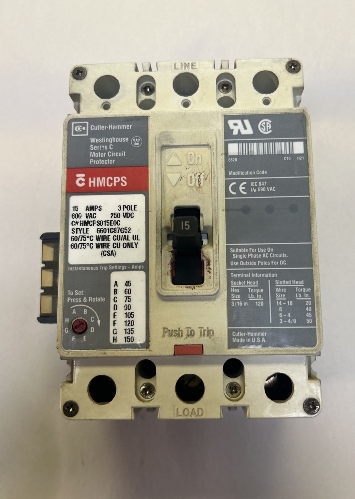 Used CUTLER-HAMMER,HMCPS015E0C,CIRCUIT BREAKER 15A 600V 3P