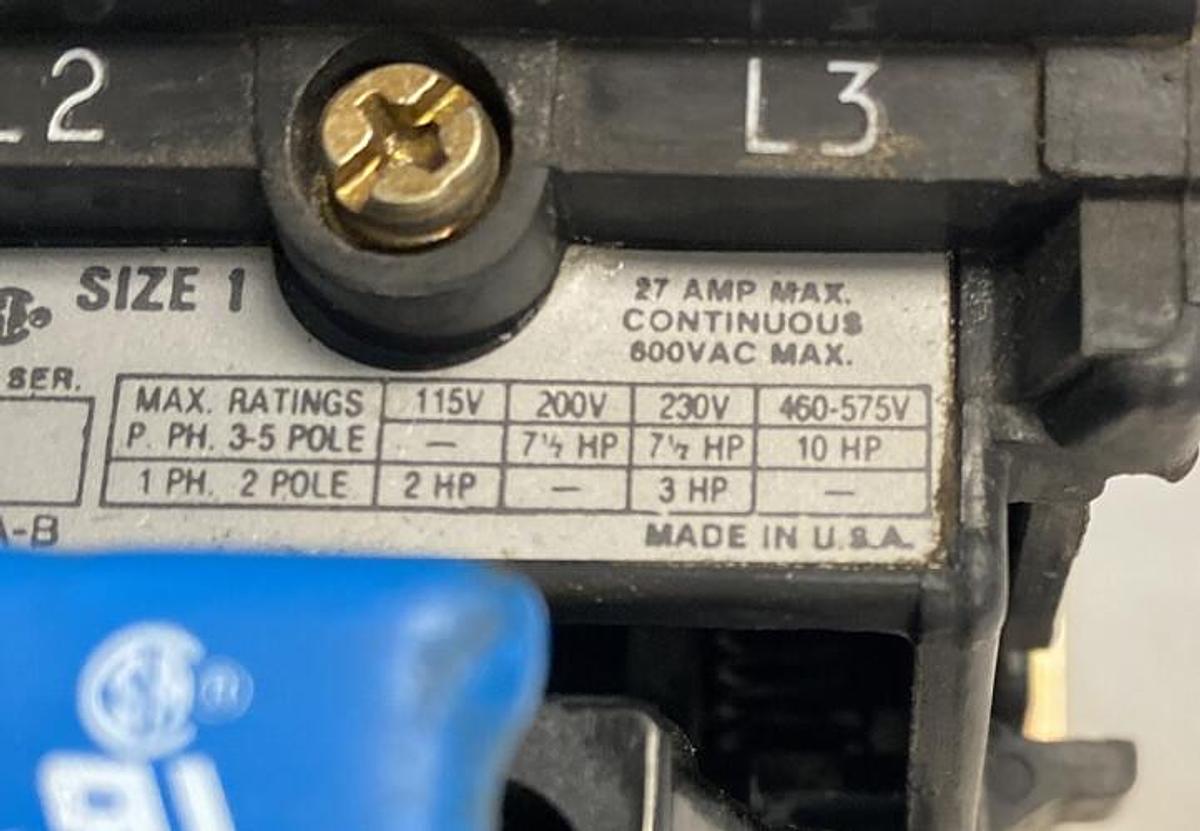 Used Allen-Bradley,509-BOD,Series B Size 1 Motor Starter 27AMP 600V 3 Pole 120V Coil