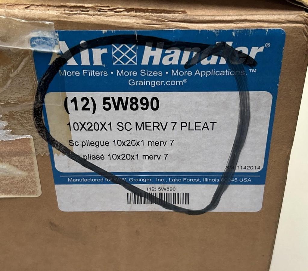 AIR HANDLER,5W890,SYNTHETIC PLEATED MERV 7 AIR FILTER 10X20X1 BOX OF 12 NOS