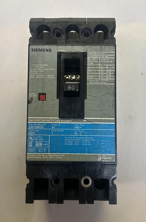 Used SIEMENS,ED43B090,CIRCUIT BREAKER 90A 480V 3P