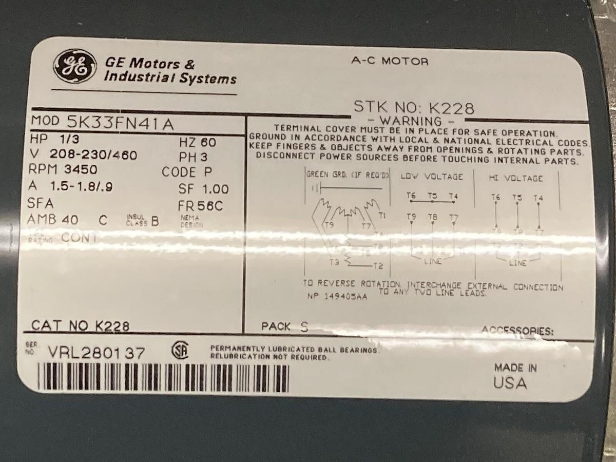 GE Motors,5K33FN41A,1/3HP AC Motor 3450RPM  208-230/460V  56C Frame  K228