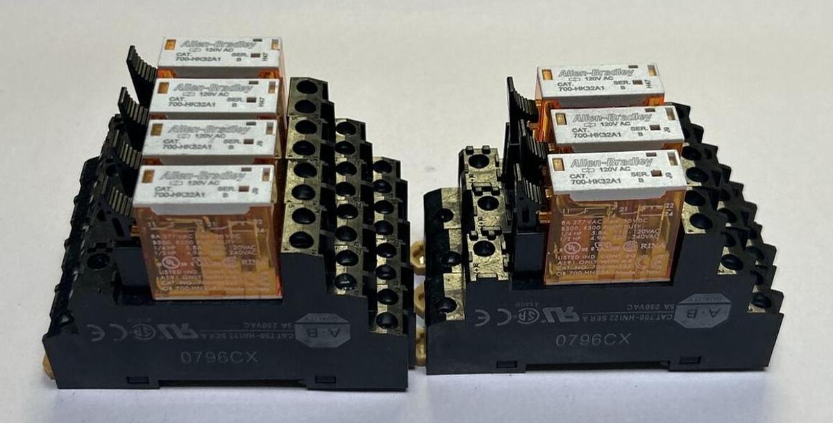 Used ALLEN BRADLEY,700-HN122,RELAY BASE W/ 700-HK32A1 RELAY LOT OF 7