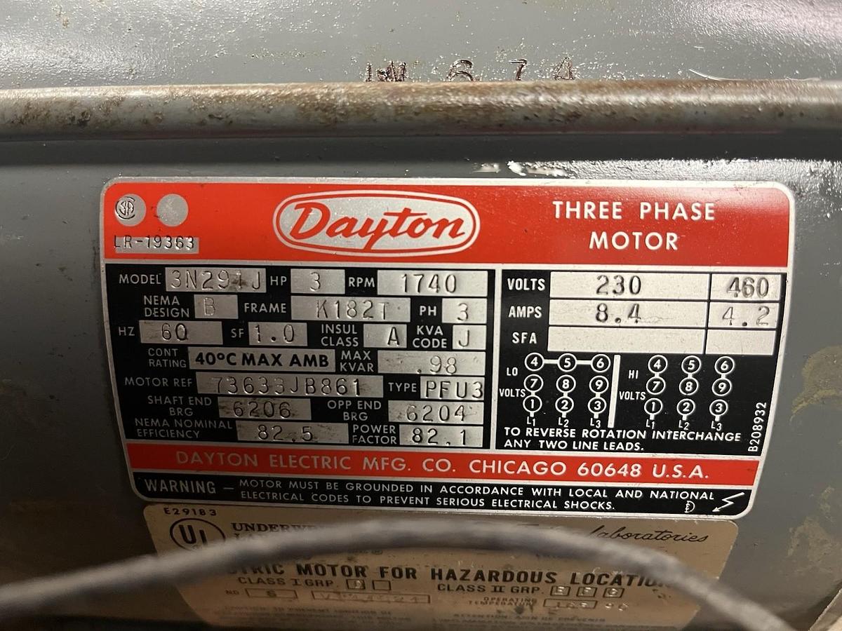 Used DAYTON,3N291J,ELECTRIC HAZARDOUS LOCATION MOTOR 3HP 1740RPM 3PH K182T