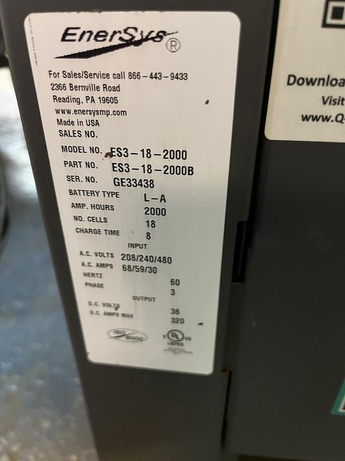 Used ENERSYS,ES3-18-2000,ENFORCER BATTERY CHARGER INPUT 3PH OUTPUT 36VDC