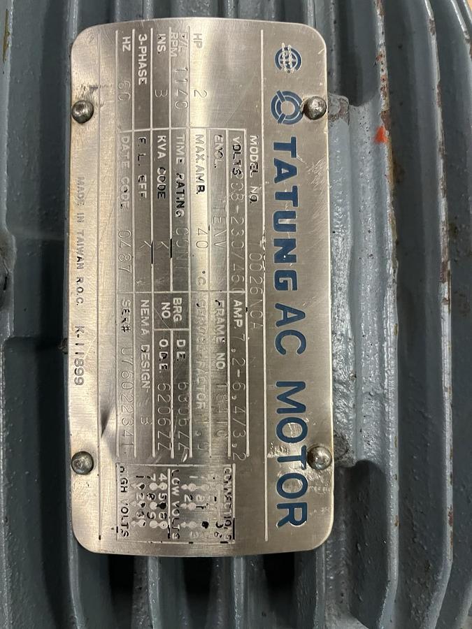 Used TATUNG,T0026NCA,MOTOR 2HP 1140RPM 3PH 184TC