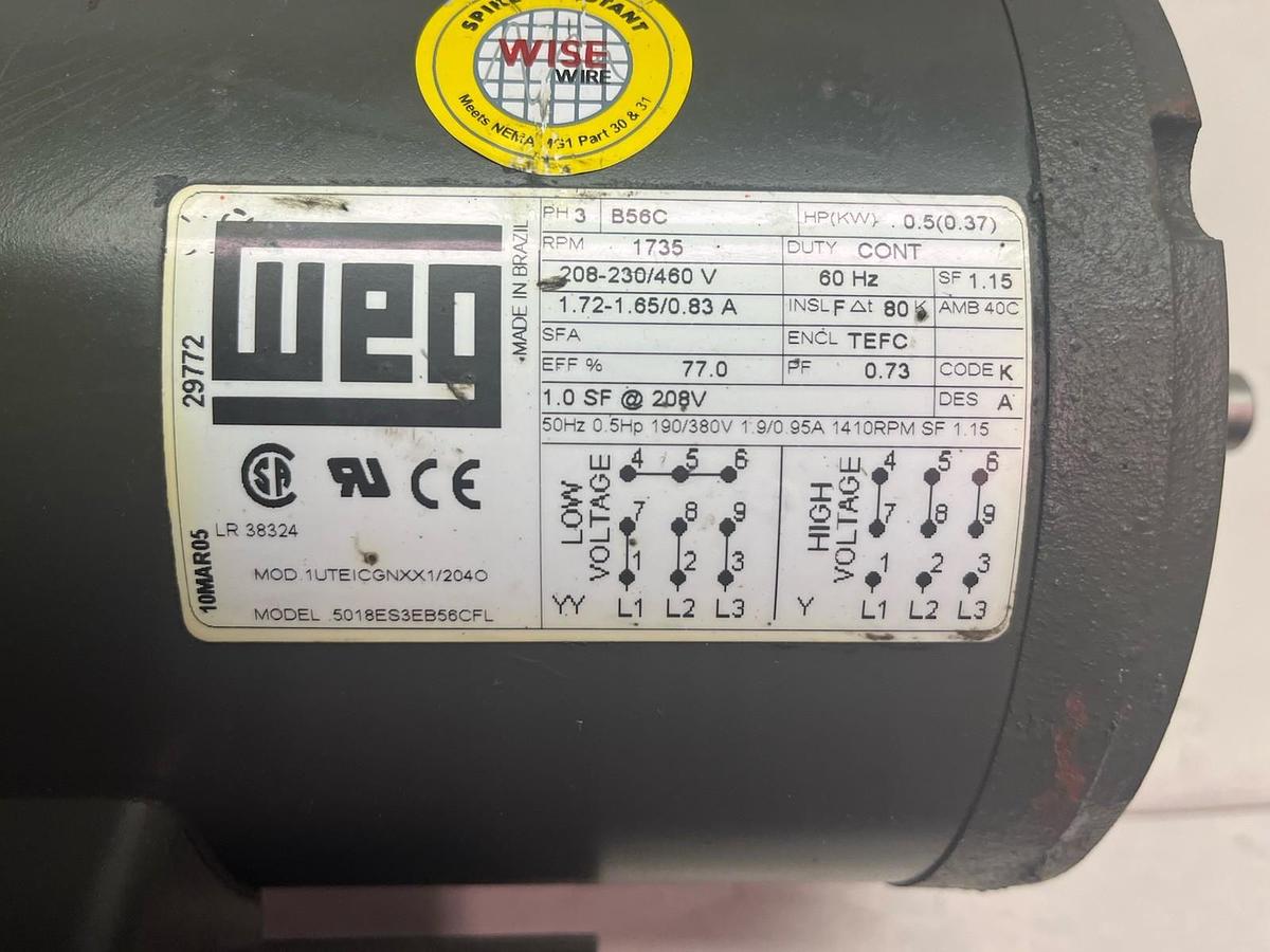 Used WEG,5018ES3B56CFL,MOTOR 1/2HP 1735RPM 3PH